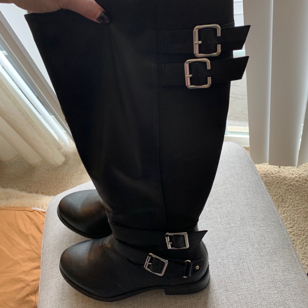 Wide calf black faux leather boots